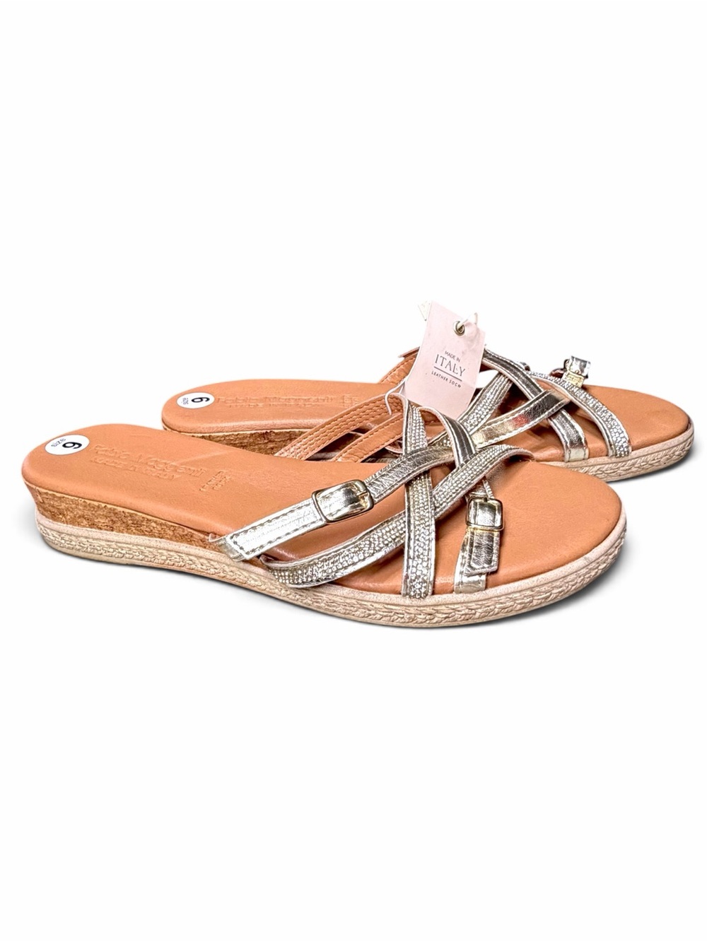 Fabio Maggenti Gold Metallic Rhinestone Strappy Leather Low Wedge Sandals NWT